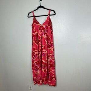 LOFT Feminine Large Floral Linen Blend Maxi Dress Women's 0 Pink Red Summer